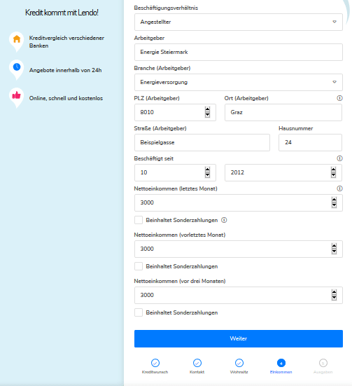 4. Schritt: Angaben zum Einkommen